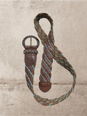 Hollister Vintage Y2K Brown Genuine Leather Braided Belt Turquoise XS/S Boho